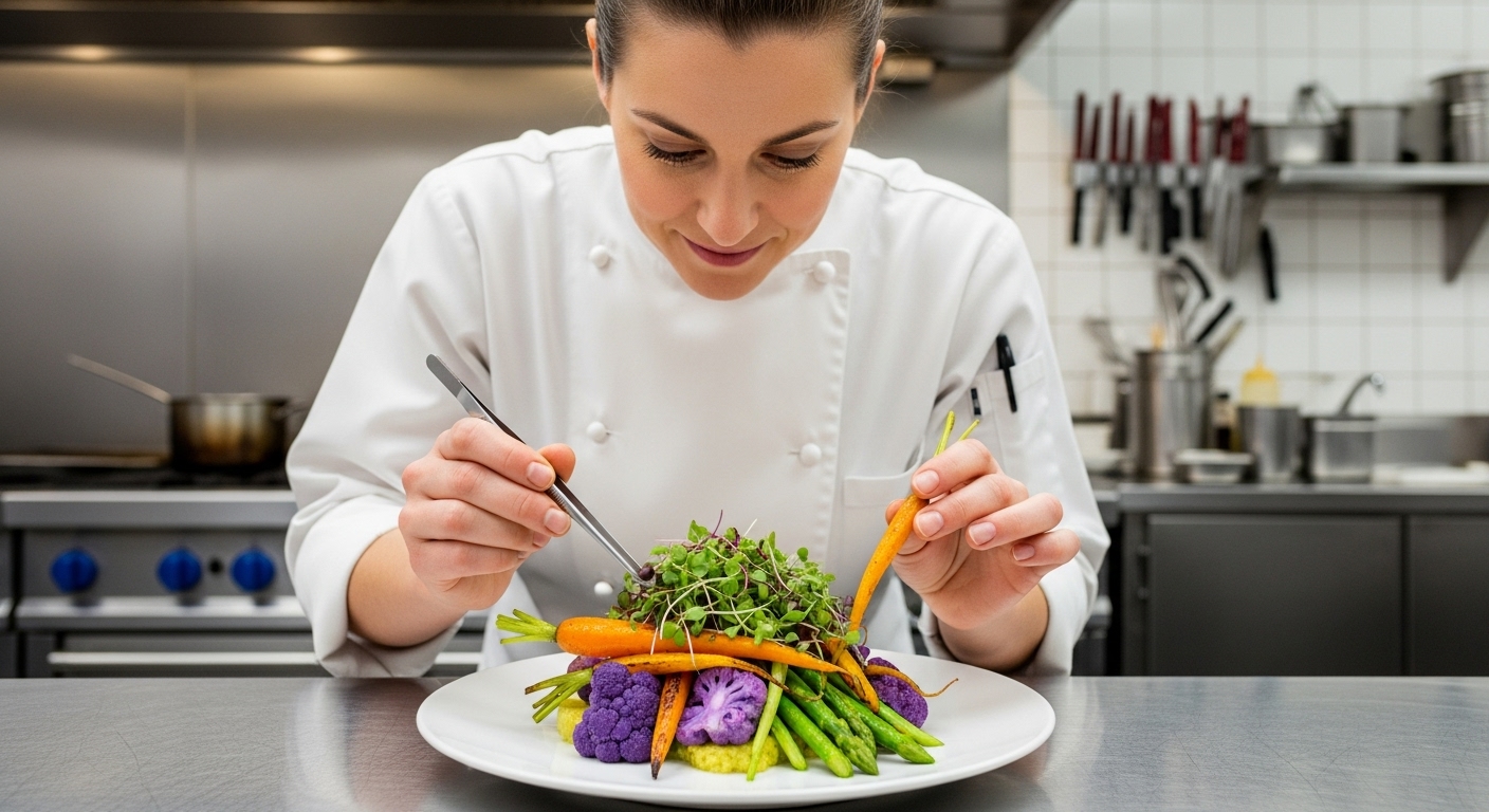 A professional chef in a clean kitchen confidently plating a dish featuring colorful vegetables, with a look of satisfaction.