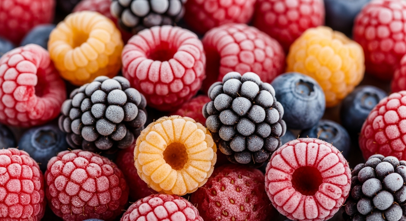 A vibrant, close-up shot of individually quick-frozen berries, showing frost crystals and preserving their shape and color.