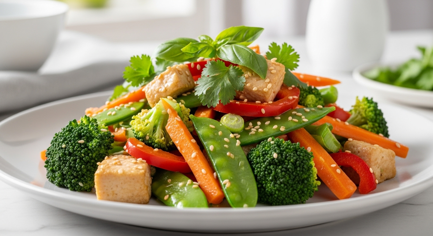 A beautifully plated meal, perhaps a colorful stir-fry or a vibrant fruit smoothie, made with Harvestime frozen products looking delicious and fresh.