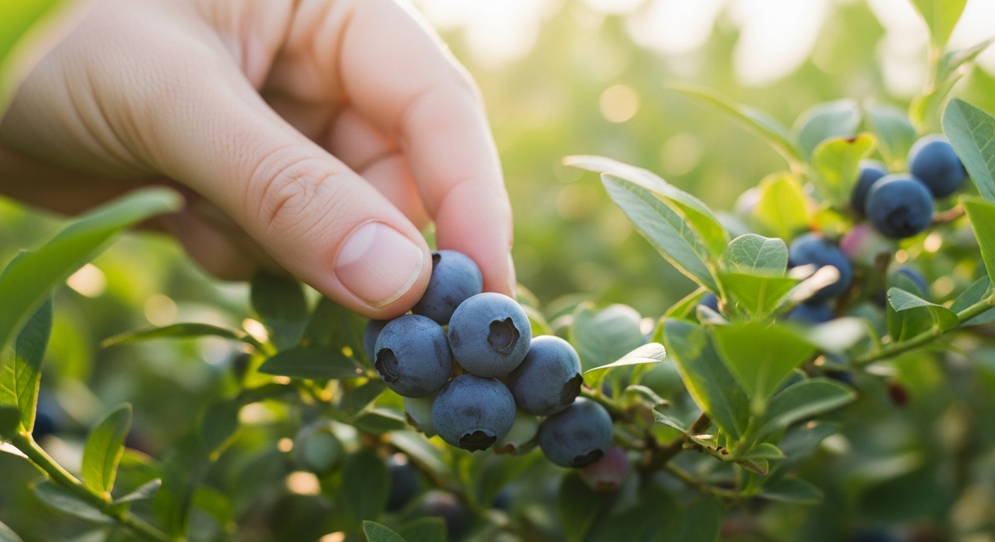 A close-up shot of a hand gently picking a cluster of ripe, deep-blue blueberries from a leafy bush, with the sun filtering through the leaves.
