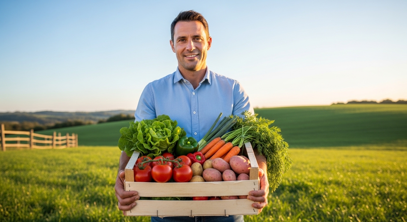 A friendly farmer holding a crate of freshly picked produce, smiling warmly at the camera with a green field in the background.