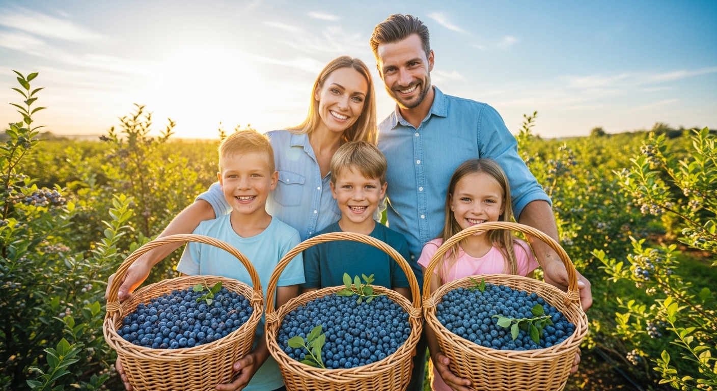 A happy family with young children smiling as they hold up baskets full of freshly picked blueberries in a sunny field.