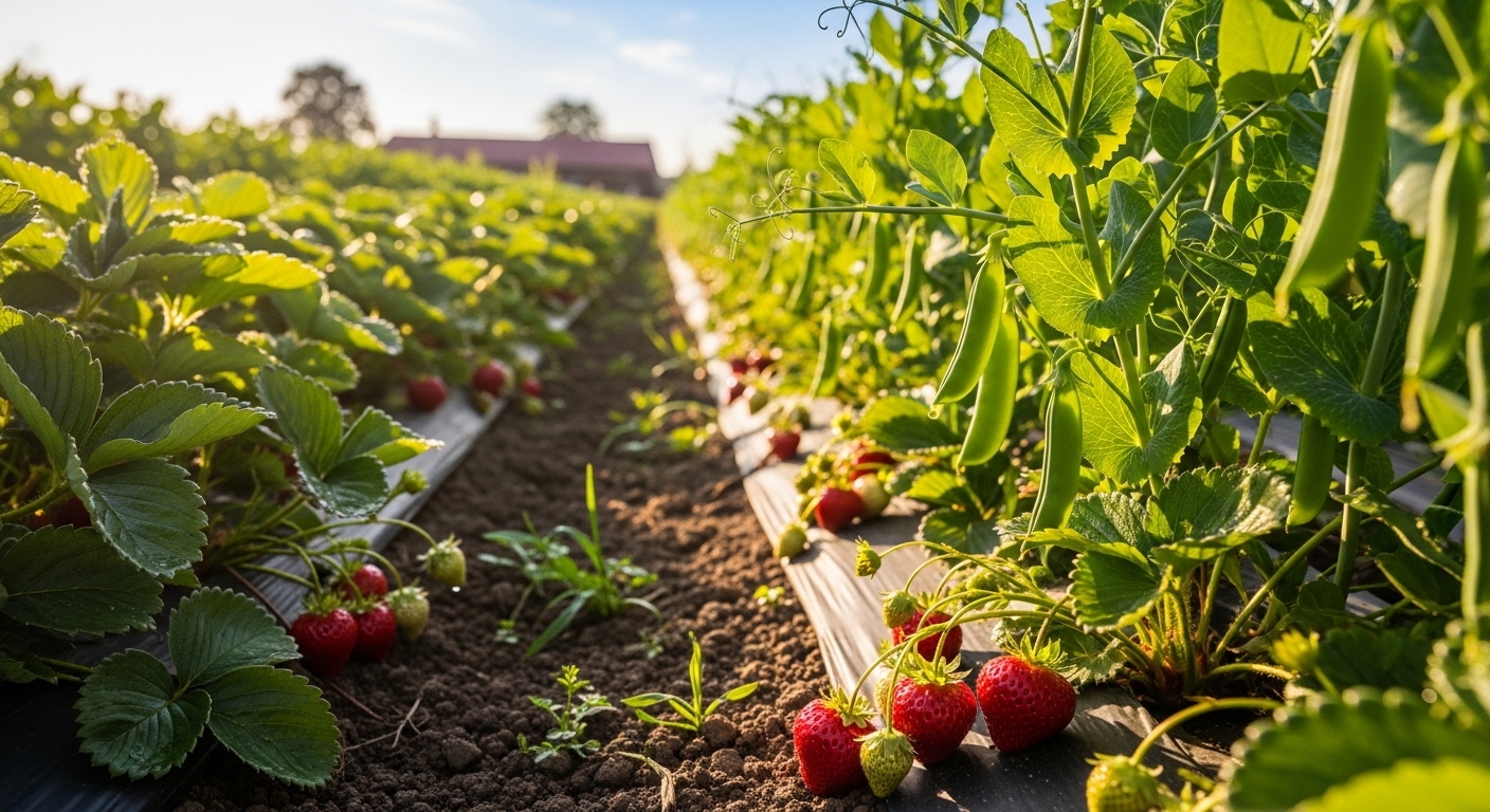 A vibrant, sun-drenched farm field with ripe strawberries and green peas ready for harvest.