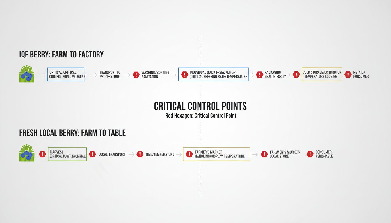 A detailed infographic comparing the 'Farm to Factory' timeline of an IQF berry versus a fresh local berry, highlighting critical control points.