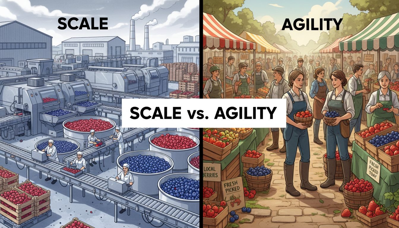 A split-screen graphic showing a massive industrial berry processing facility on one side and a local farmer's wholesale market on the other, labeled 'Scale vs. Agility'.
