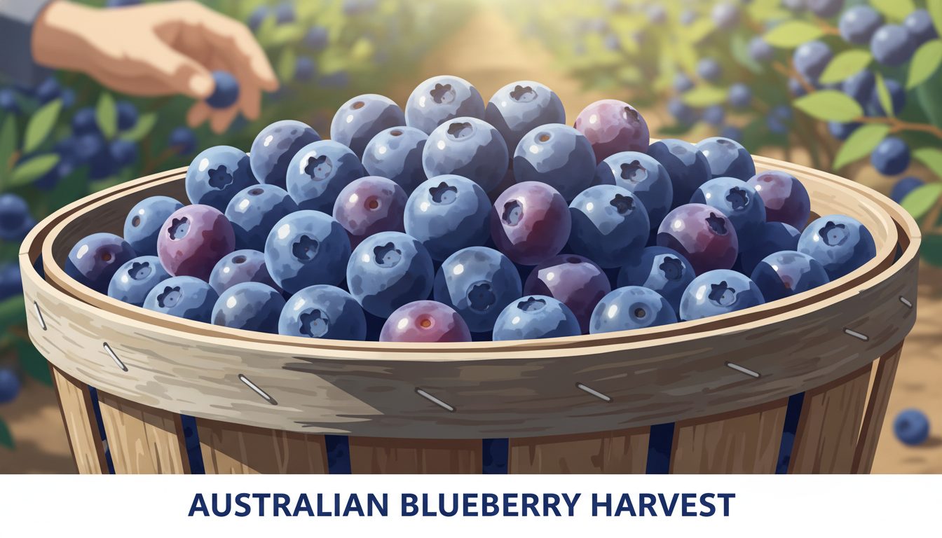 A vibrant, close-up shot of fresh, plump Australian blueberries resting in a rustic wooden basket during a sunny harvest day
