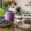 Premium wild blueberries displayed in a cafe menu context with Harvestime branding